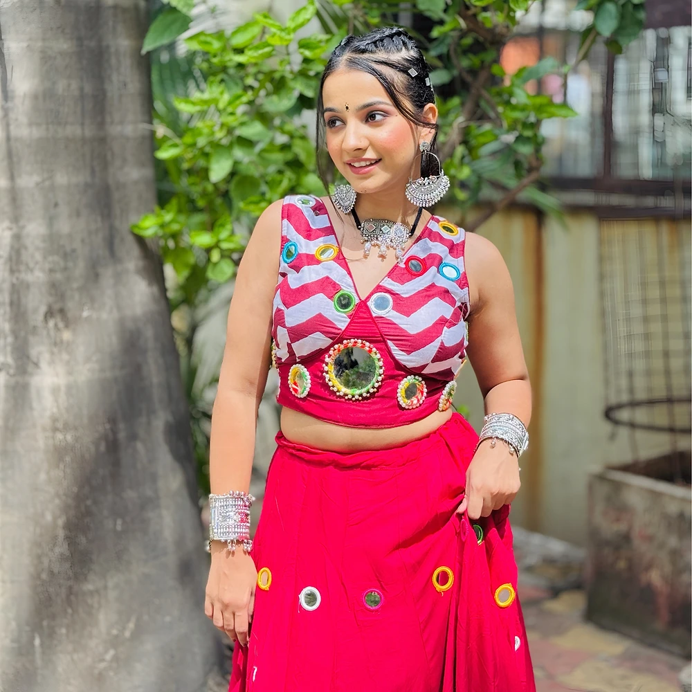 Stylish Red Color Chaniya Choli with Mirror Work — view 2