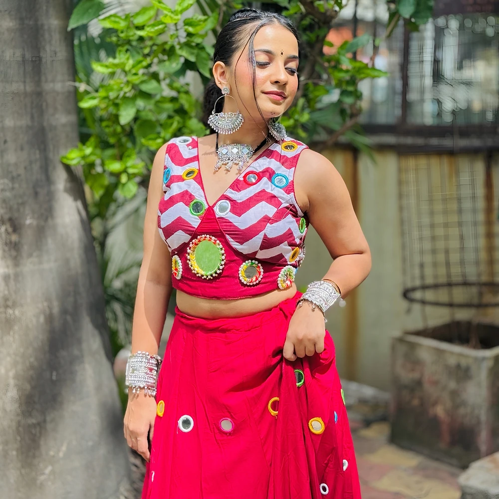 Stylish Red Color Chaniya Choli with Mirror Work — view 3