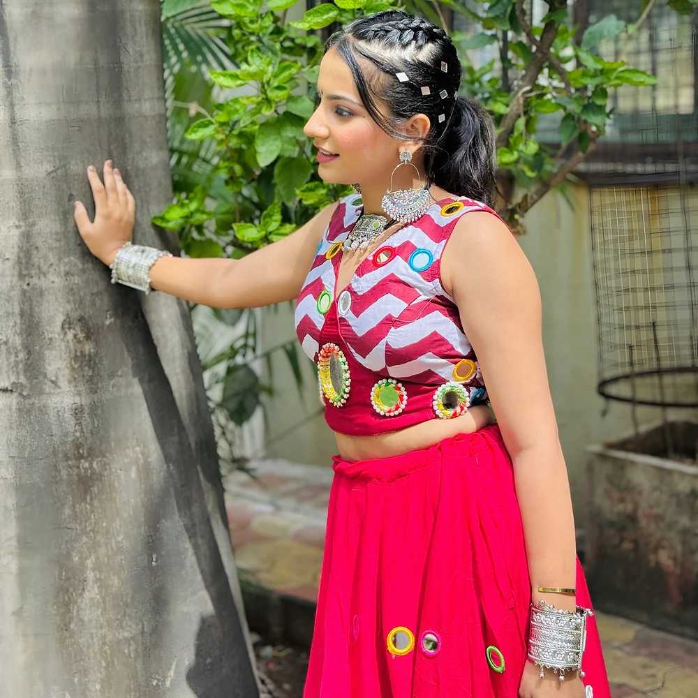 Stylish Red Color Chaniya Choli with Mirror Work — view 4