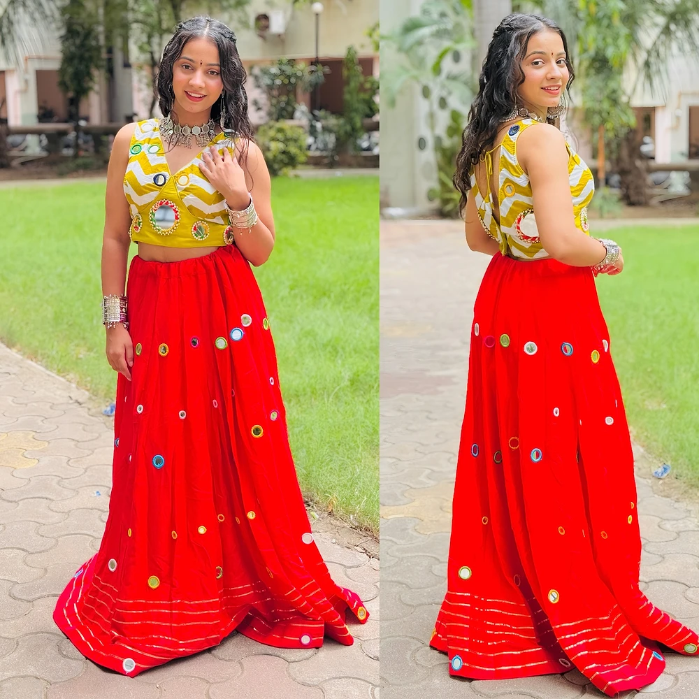 Stylish Red and Parrot Green Color Chaniya Choli with Mirror Work — view 1