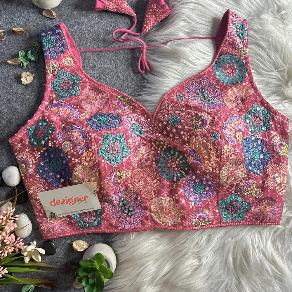 Pink Royal Heavy Multi-Thread & Sequin Embroidery Georgette Blouse — view 1