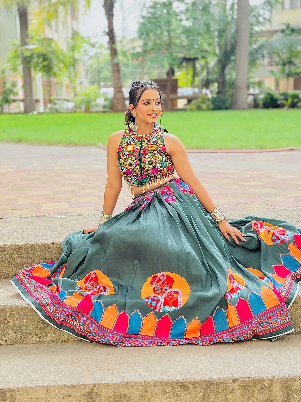 Readymade Chaniya Choli Set with Digital Face Print and Embroidered Halter Neck for Navratri — view 1
