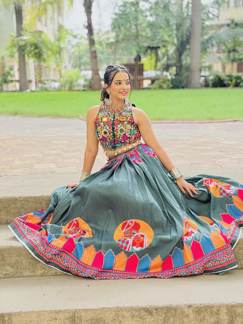 Readymade Chaniya Choli Set with Digital Face Print and Embroidered Halter Neck for Navratri