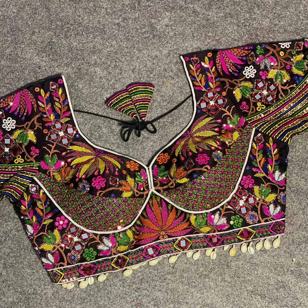 Black Silk Heavy Full Work Flower Design Navratri Blouse — view 1