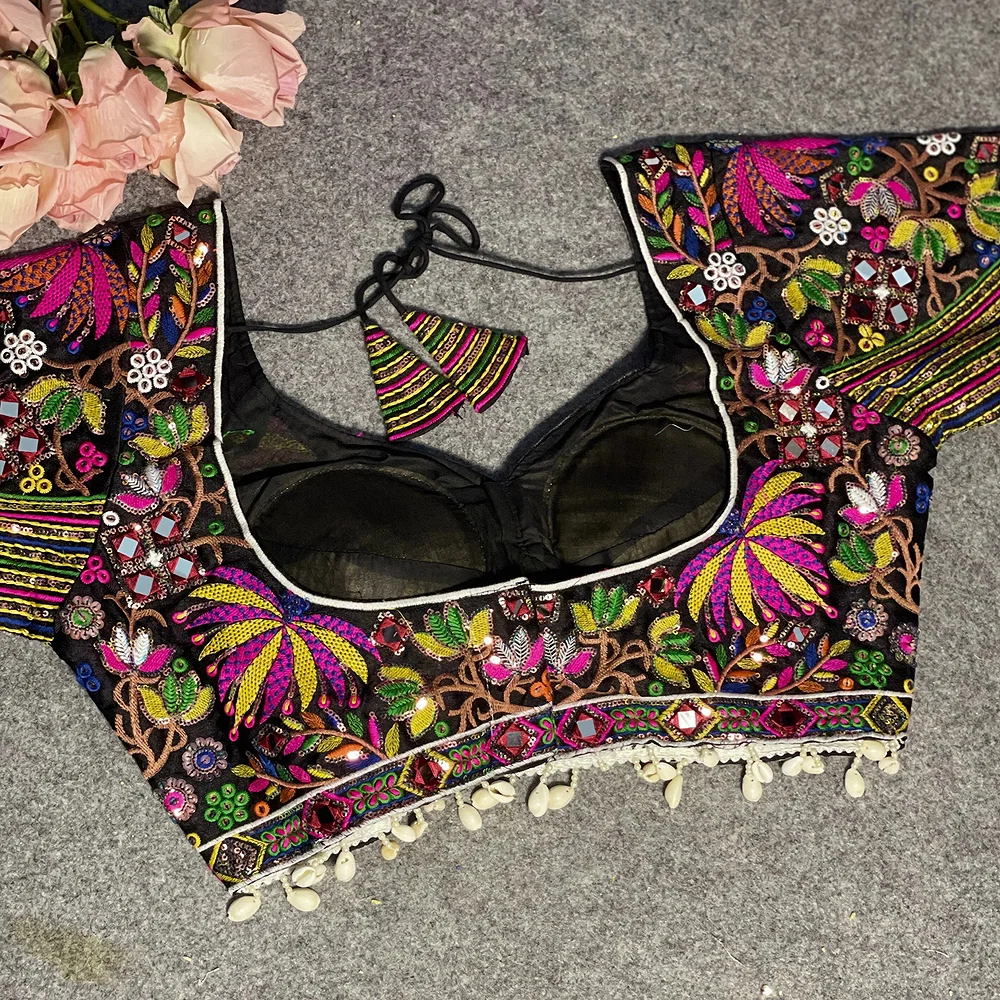 Black Silk Heavy Full Work Flower Design Navratri Blouse — view 4
