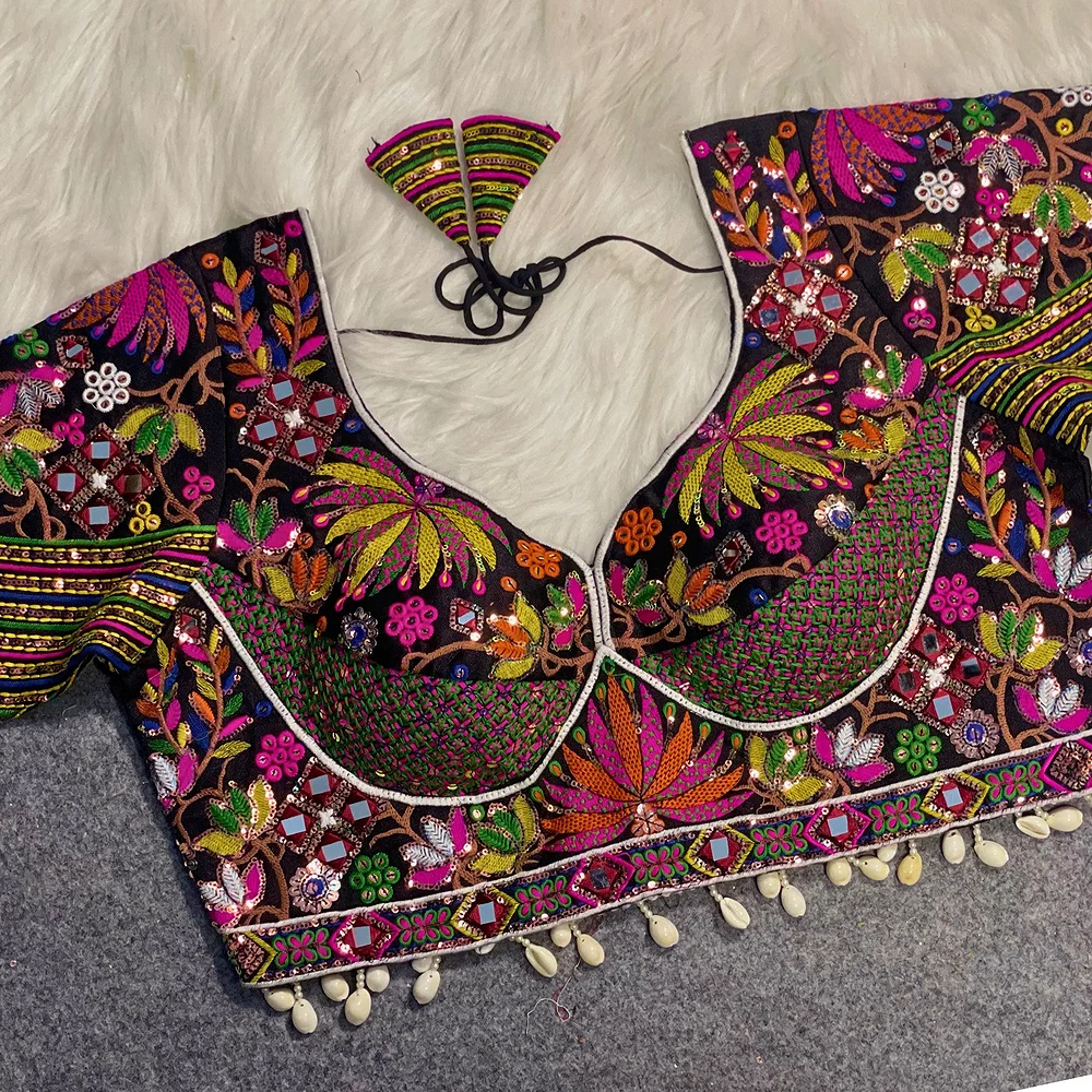 Black Silk Heavy Full Work Flower Design Navratri Blouse — view 2