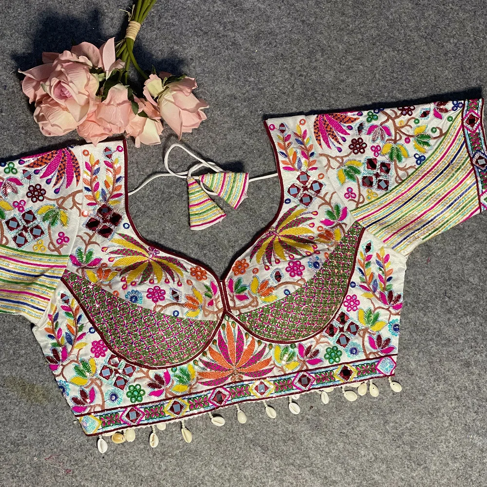 White Silk Heavy Full Work Flower Design Navratri Blouse — view 1