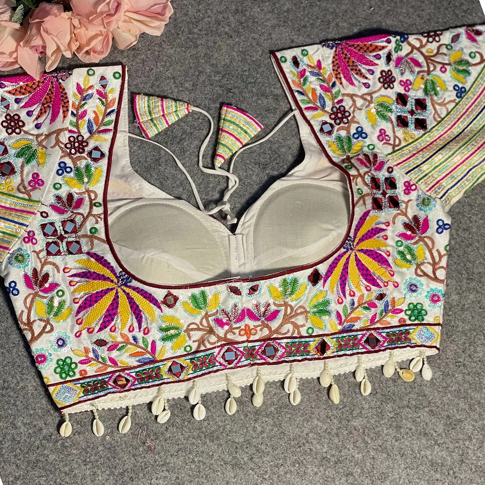 White Silk Heavy Full Work Flower Design Navratri Blouse — view 2