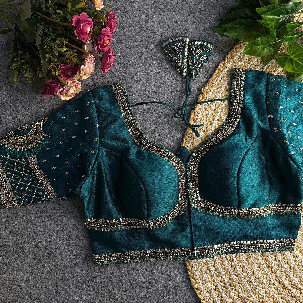 Morpeach Color Italian Silk Blouse with Heavy Beads and Sequence Work  — view 3