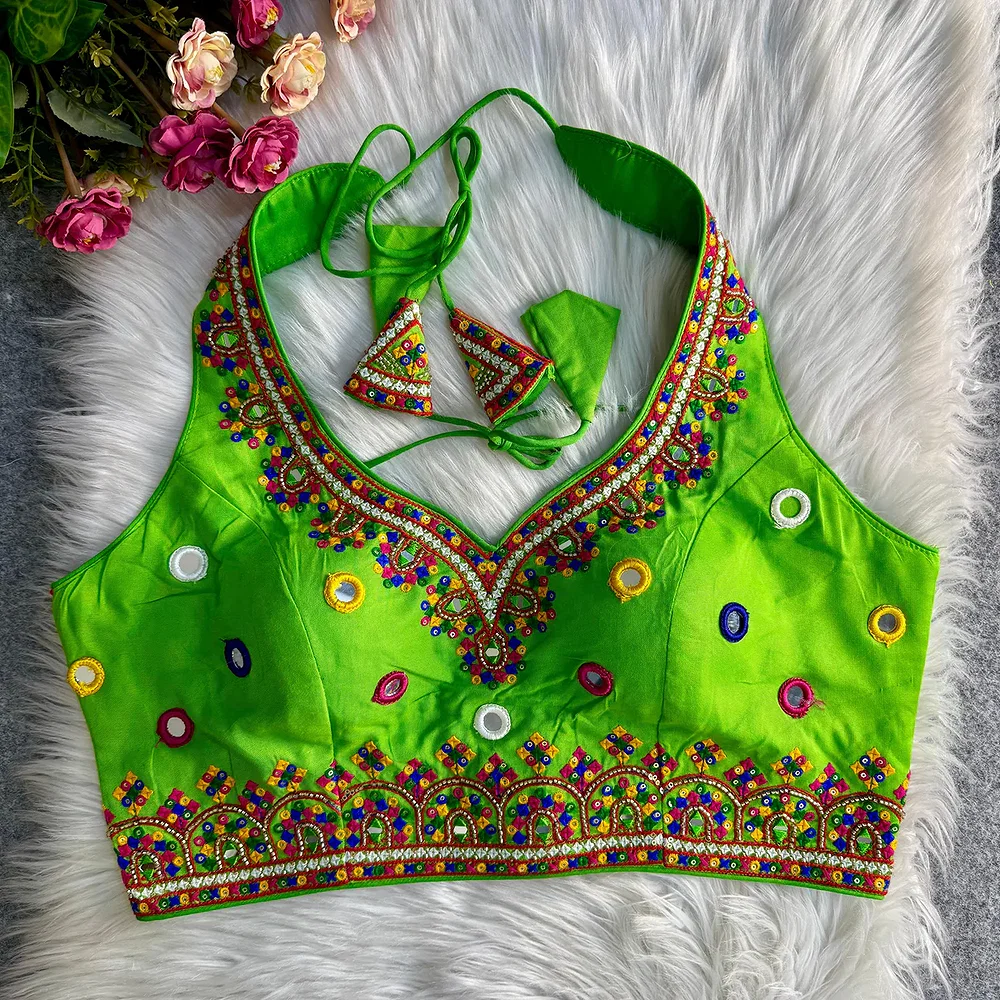 Green Navratri Special Heavy Embroidery Sequence Mirror Work Readymade Blouse — view 1