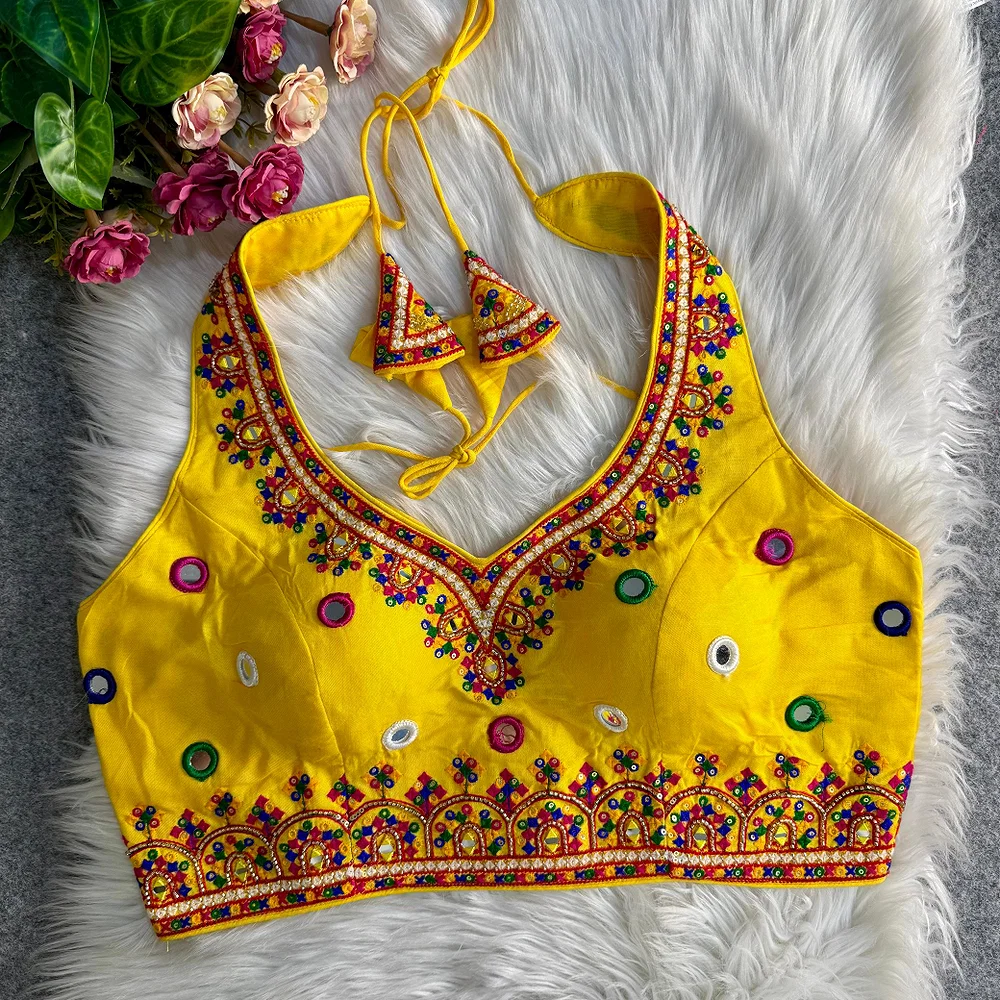 Yellow Navratri Special Heavy Embroidery Sequence Mirror Work Readymade Blouse — view 1