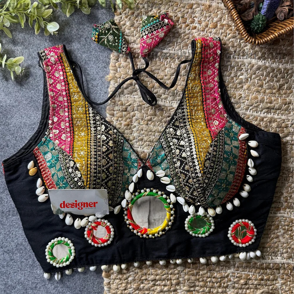 Black Navratri Special Heavy Mirror Work Readymade Blouse — view 3
