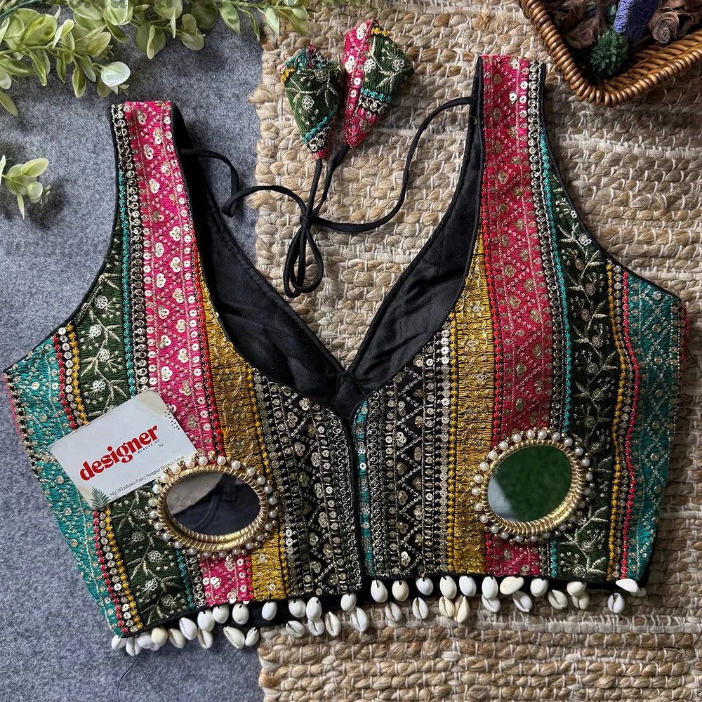 Black Navratri Special Heavy Mirror Work Readymade Blouse — view 4
