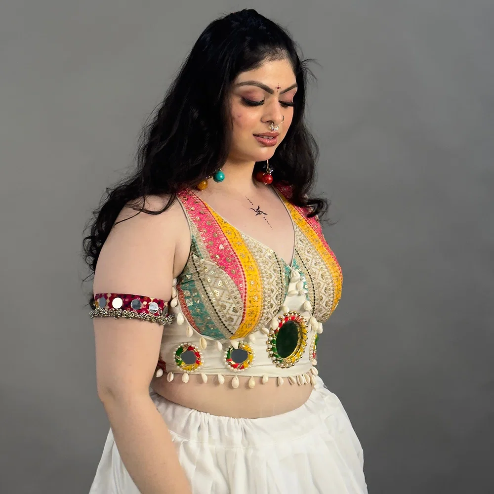White Special Heavy Mirror Work Readymade Blouse — view 5