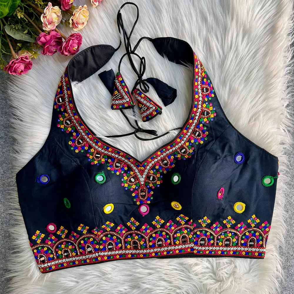 Black Navratri Special Heavy Embroidery Sequence Mirror Work Readymade Blouse — view 3