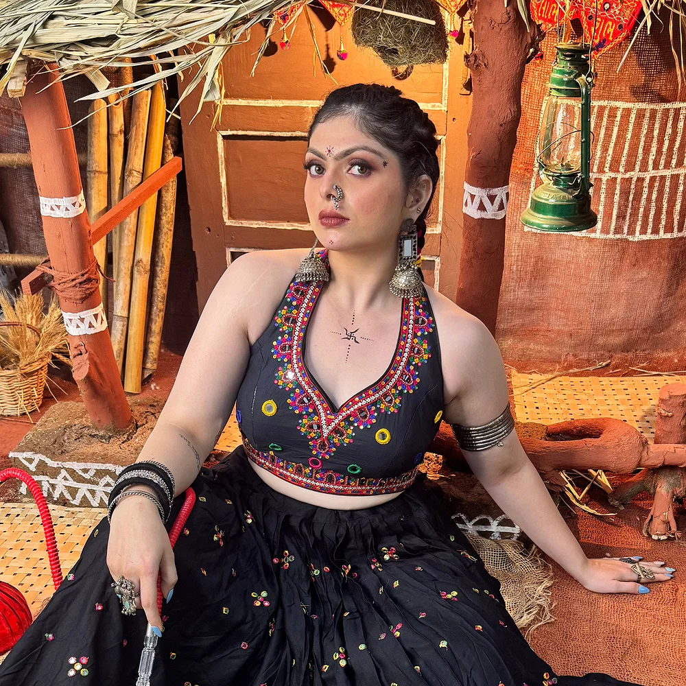 Black Navratri Special Heavy Embroidery Sequence Mirror Work Readymade Blouse — view 1