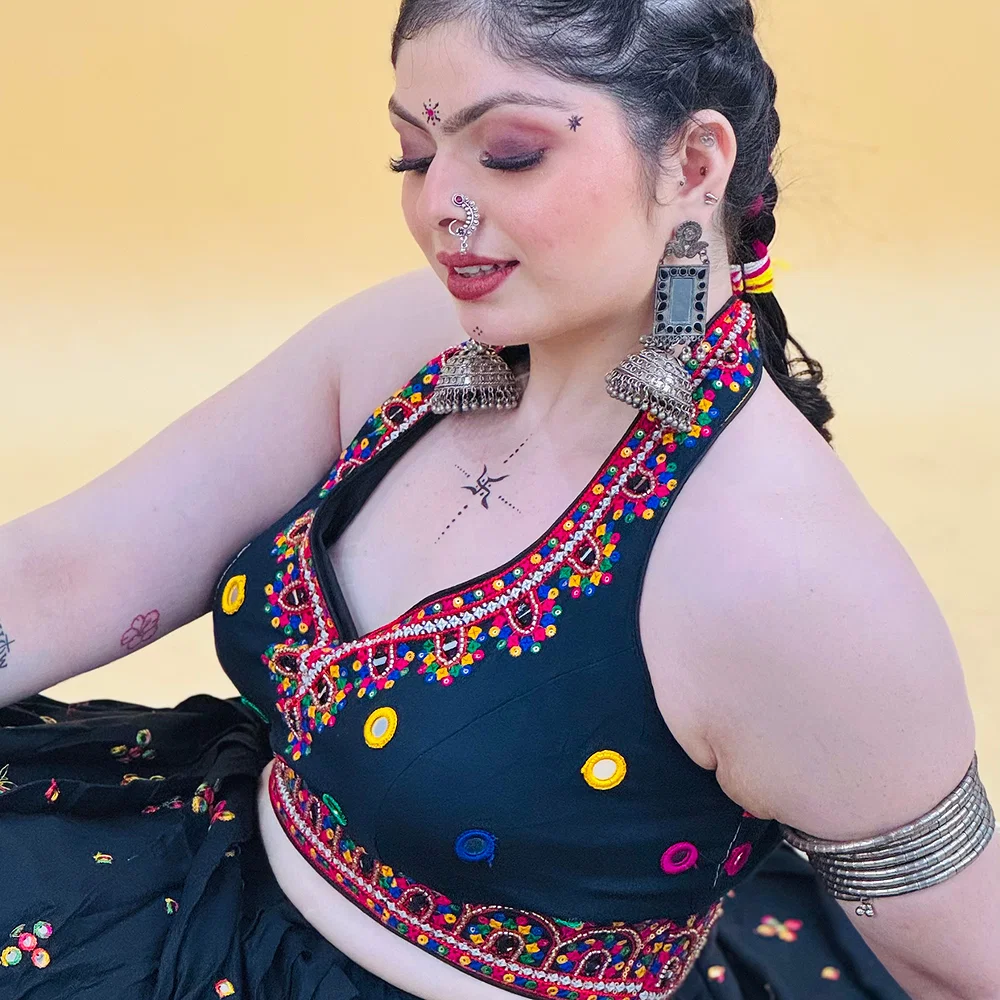 Black Navratri Special Heavy Embroidery Sequence Mirror Work Readymade Blouse — view 4