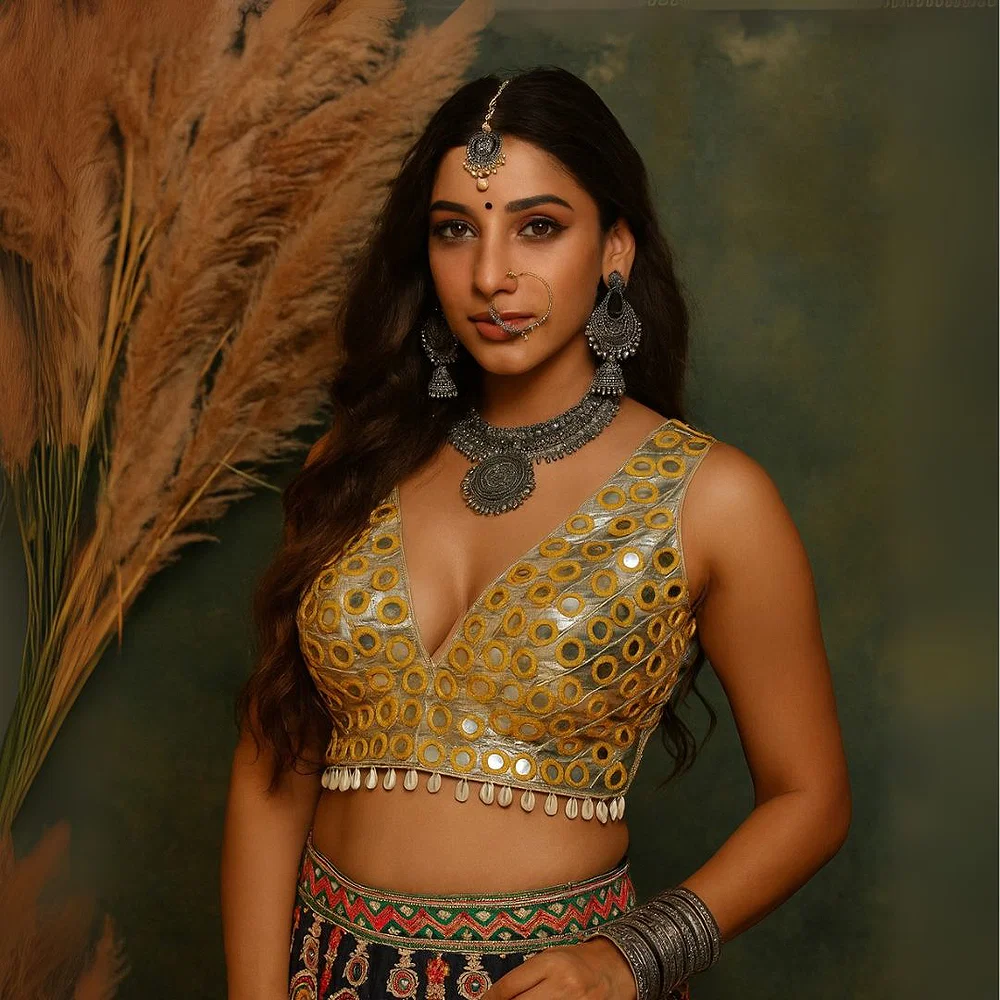 Golden Color Navratri Special Readymade Mirror Work Blouse — view 1