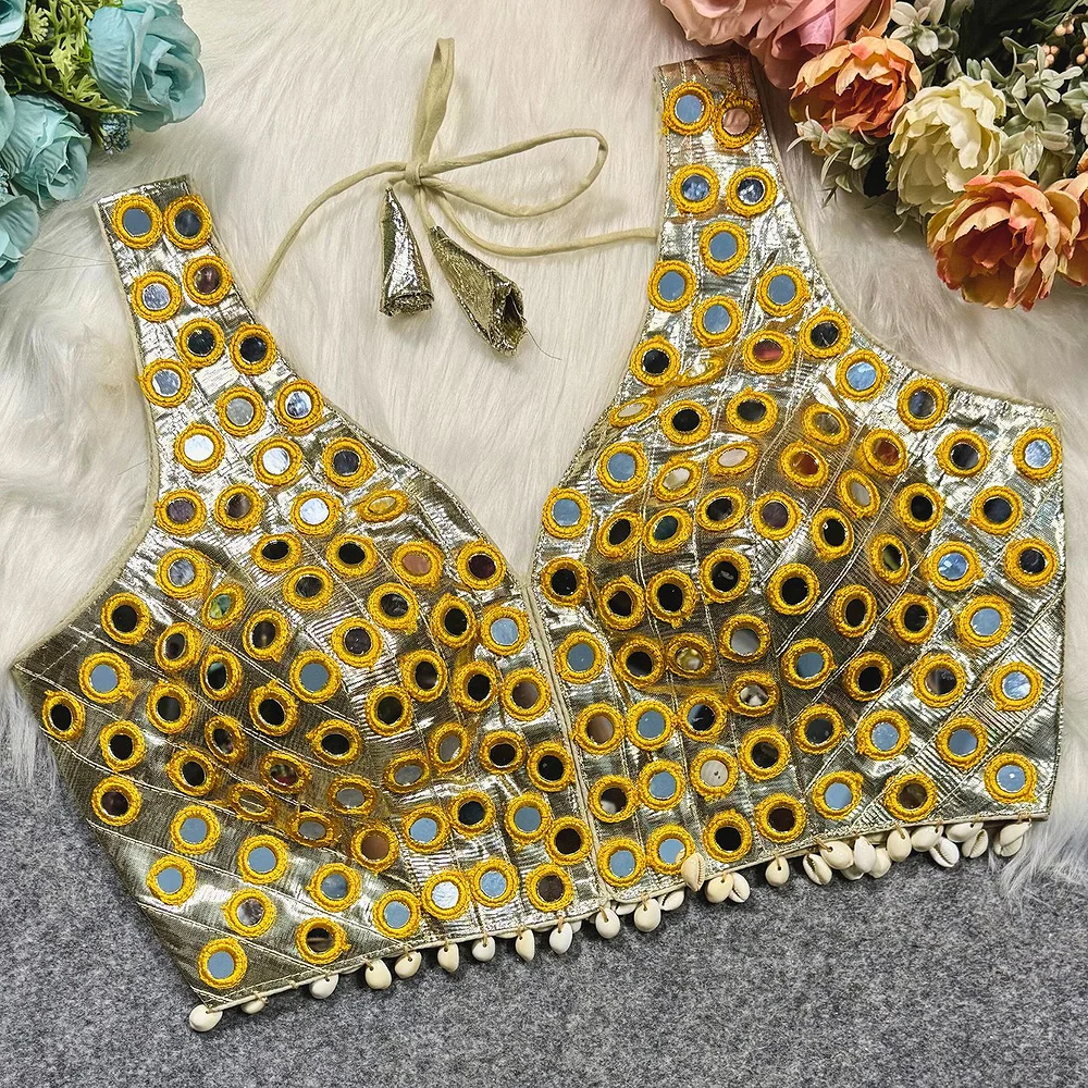 Golden Color Navratri Special Readymade Mirror Work Blouse — view 4