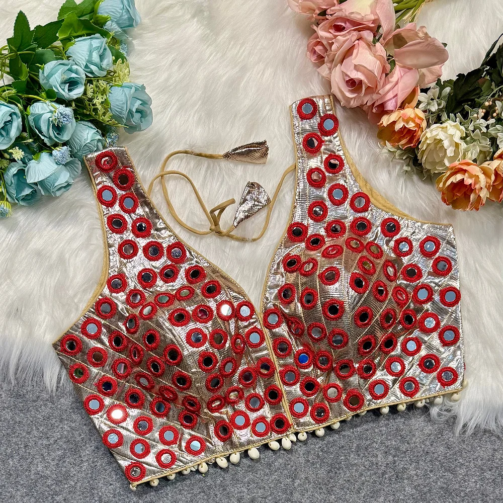 Red Color Navratri Special Readymade Mirror Work Blouse — view 4