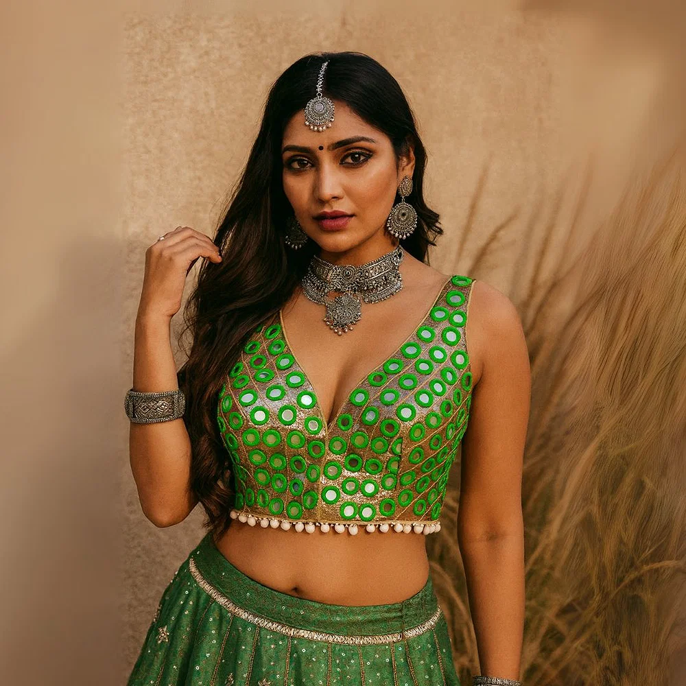 Green Color Navratri Special Readymade Mirror Work Blouse — view 1