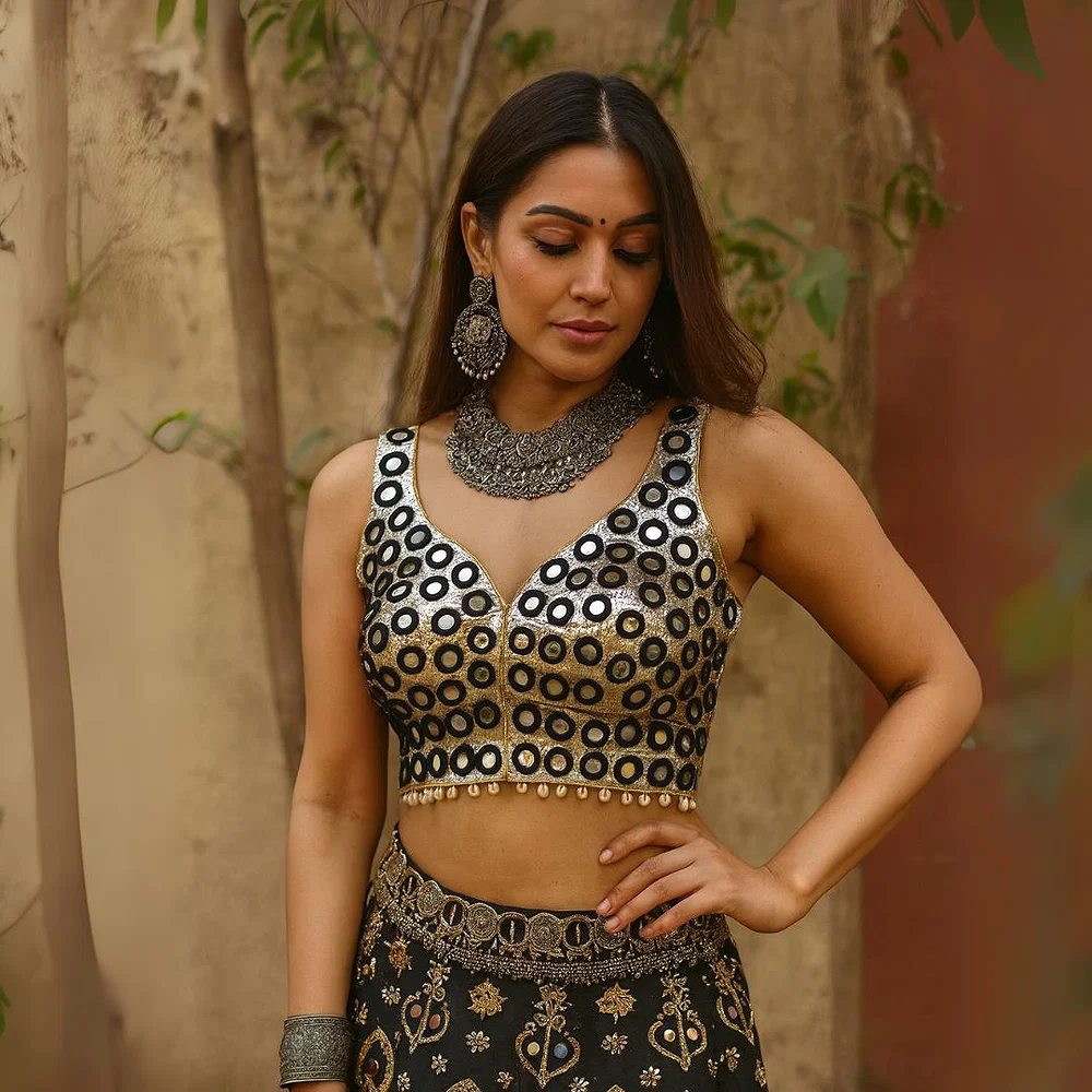 Black Color Navratri Special Readymade Mirror Work Blouse — view 1
