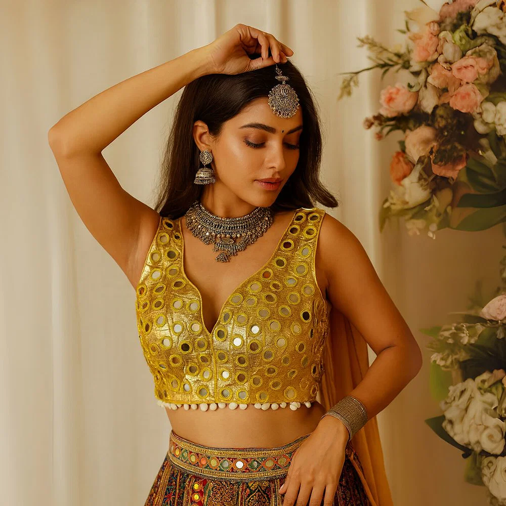 Yellow Color Navratri Special Readymade Mirror Work Blouse — view 1