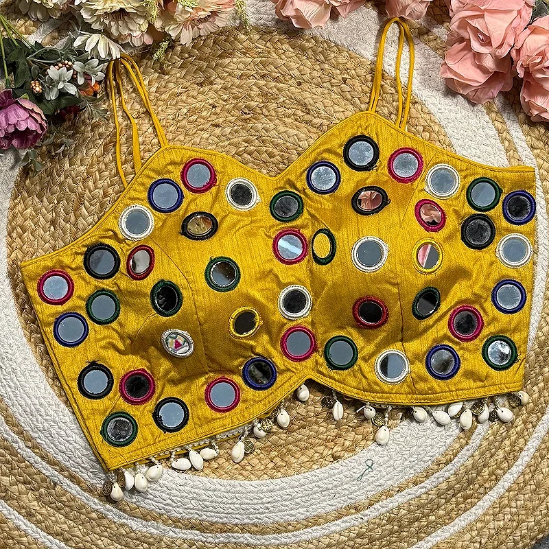 Yellow Silk Navratri Choli with Mirror Work and Dori Sleeves — view 2