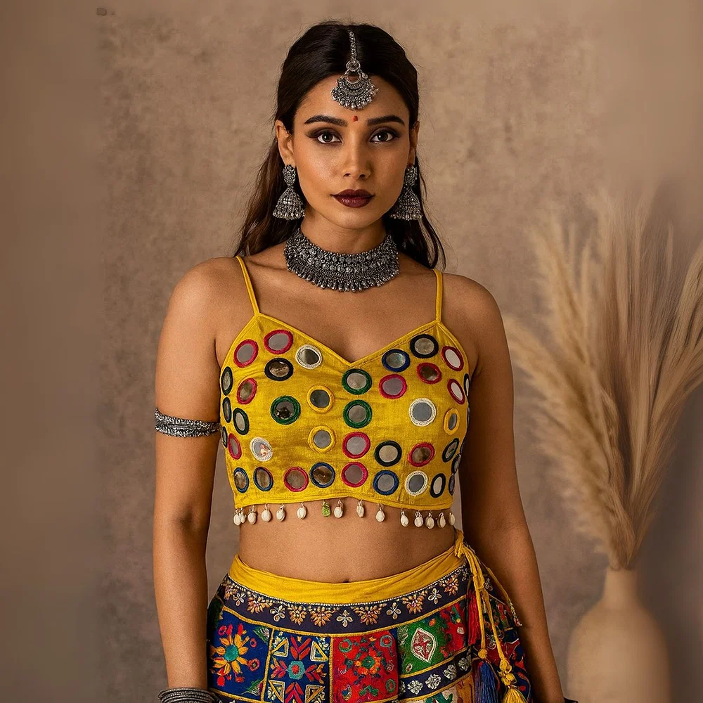 Yellow Silk Navratri Choli with Mirror Work and Dori Sleeves — view 1