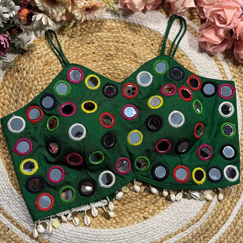 Bottle Green Silk Navratri Choli with Mirror Work and Dori Sleeves — view 3
