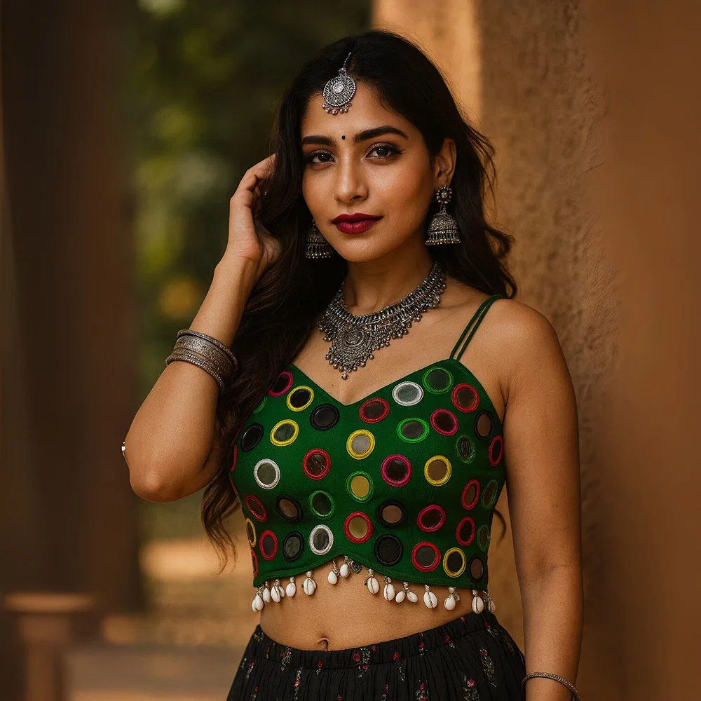 Bottle Green Silk Navratri Choli with Mirror Work and Dori Sleeves — view 1
