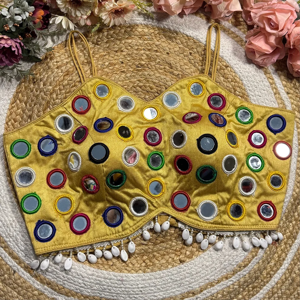 Gold Silk Navratri Choli with Mirror Work and Dori Sleeves — view 3