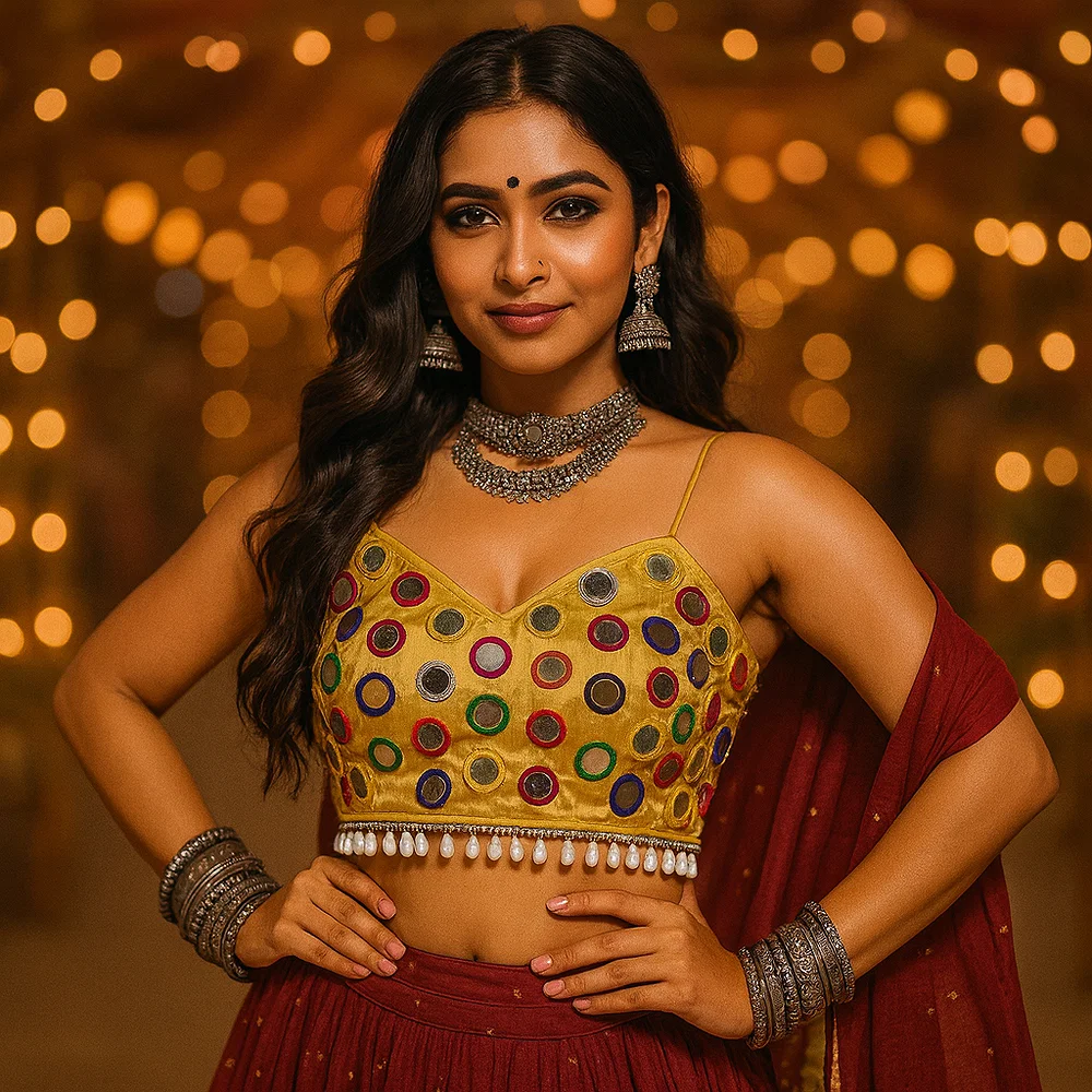 Gold Silk Navratri Choli with Mirror Work and Dori Sleeves — view 1