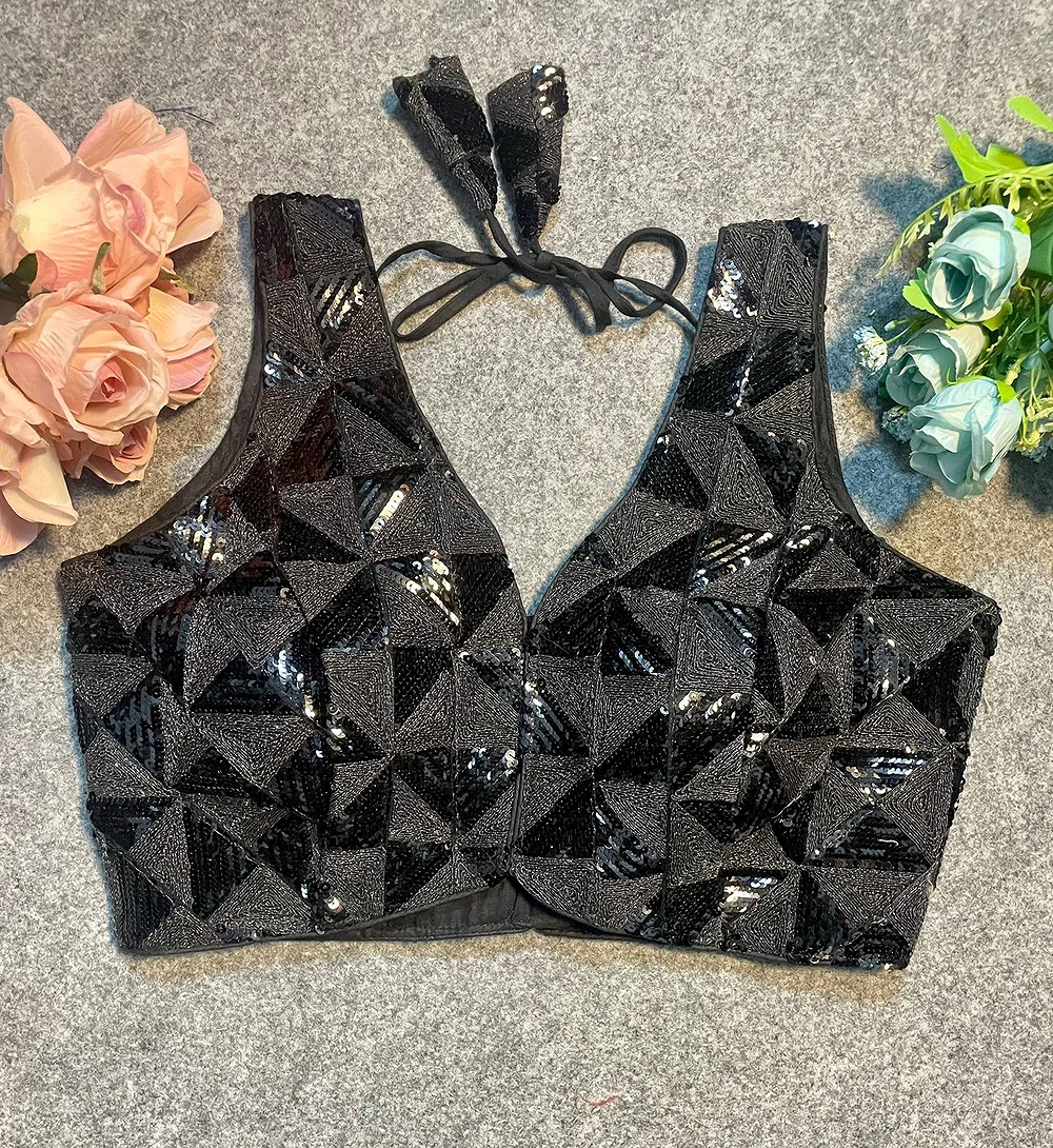 Black Deep Neck Partywear Sequence Blouse. — view 4