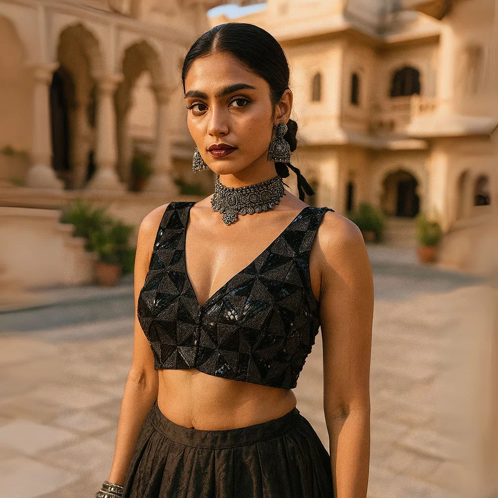 Black Deep Neck Partywear Sequence Blouse. — view 1