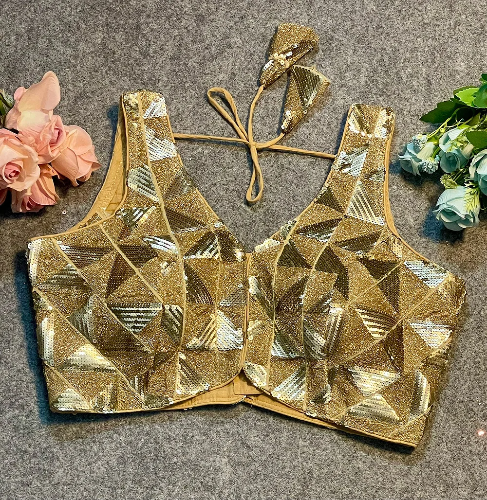 Golden Deep Neck Partywear Sequence Blouse. — view 4