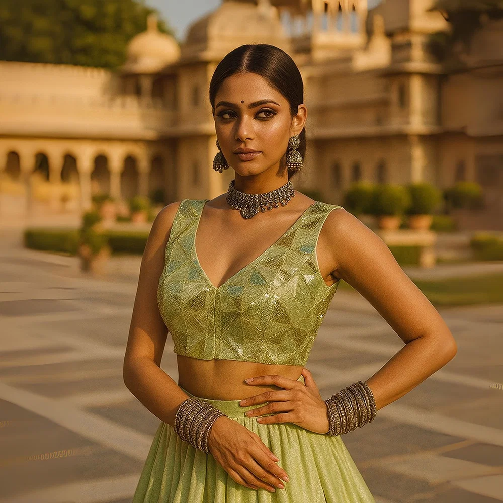 Pista Green Deep Neck Partywear Sequence Blouse — view 1
