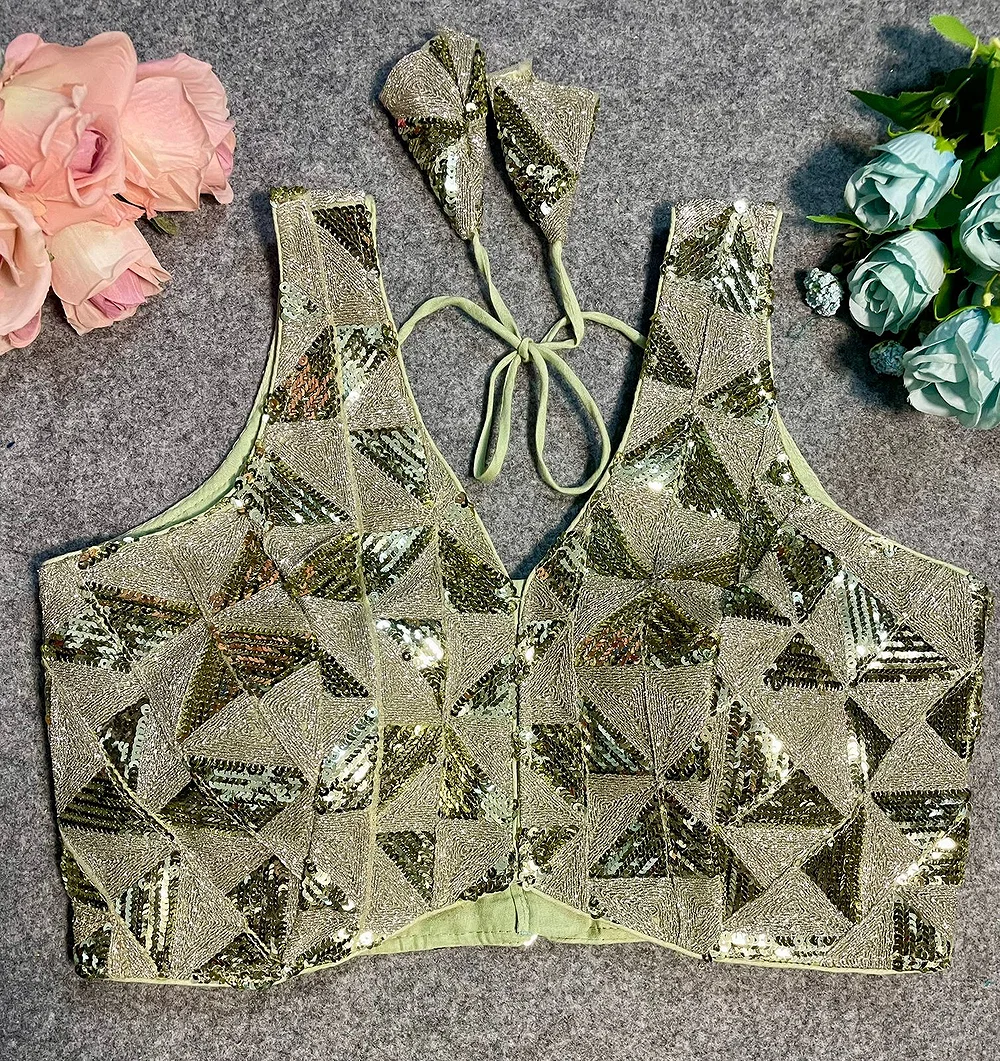 Pista Green Deep Neck Partywear Sequence Blouse — view 4
