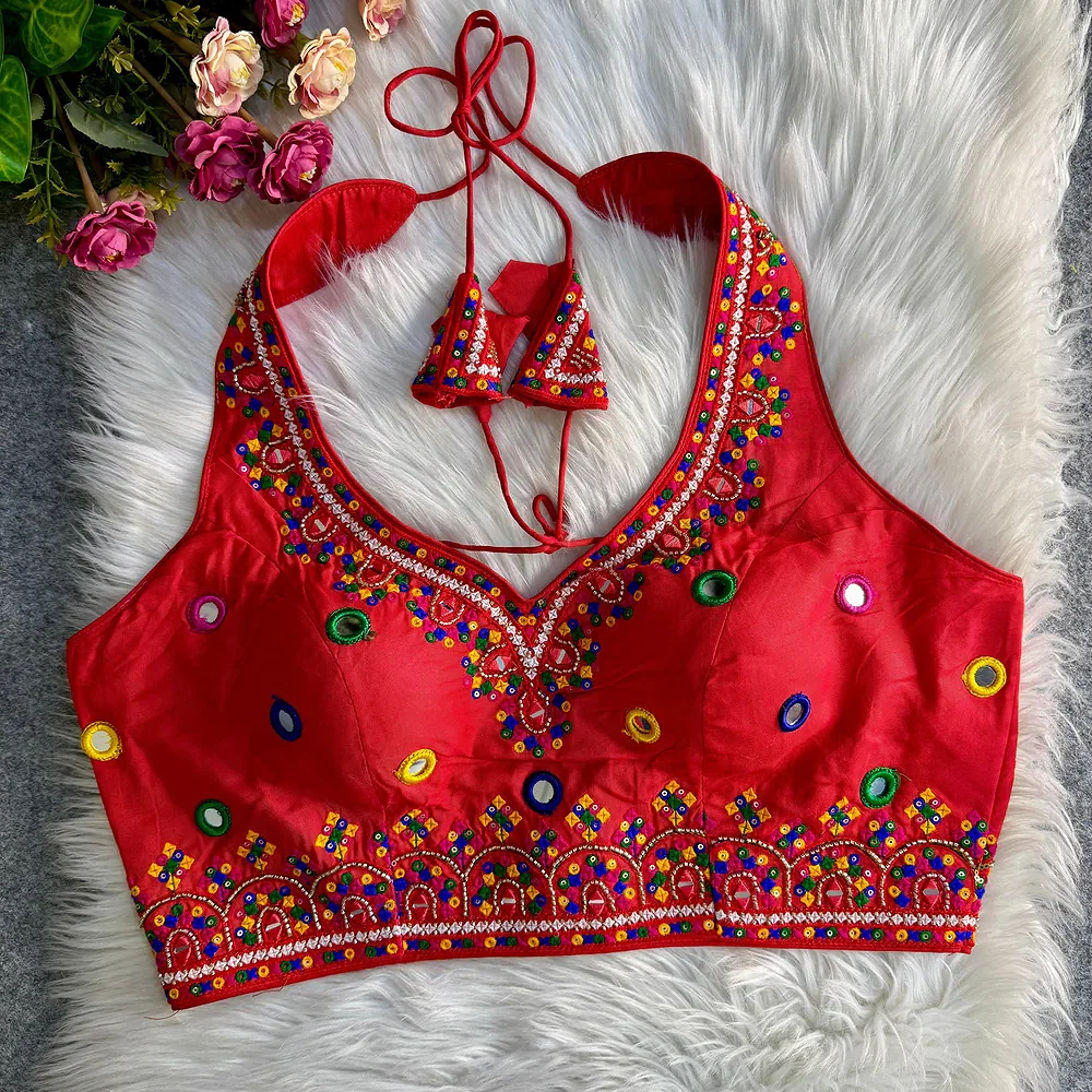 Red Navratri Special Heavy Embroidery Sequence Mirror Work Readymade Blouse — view 1