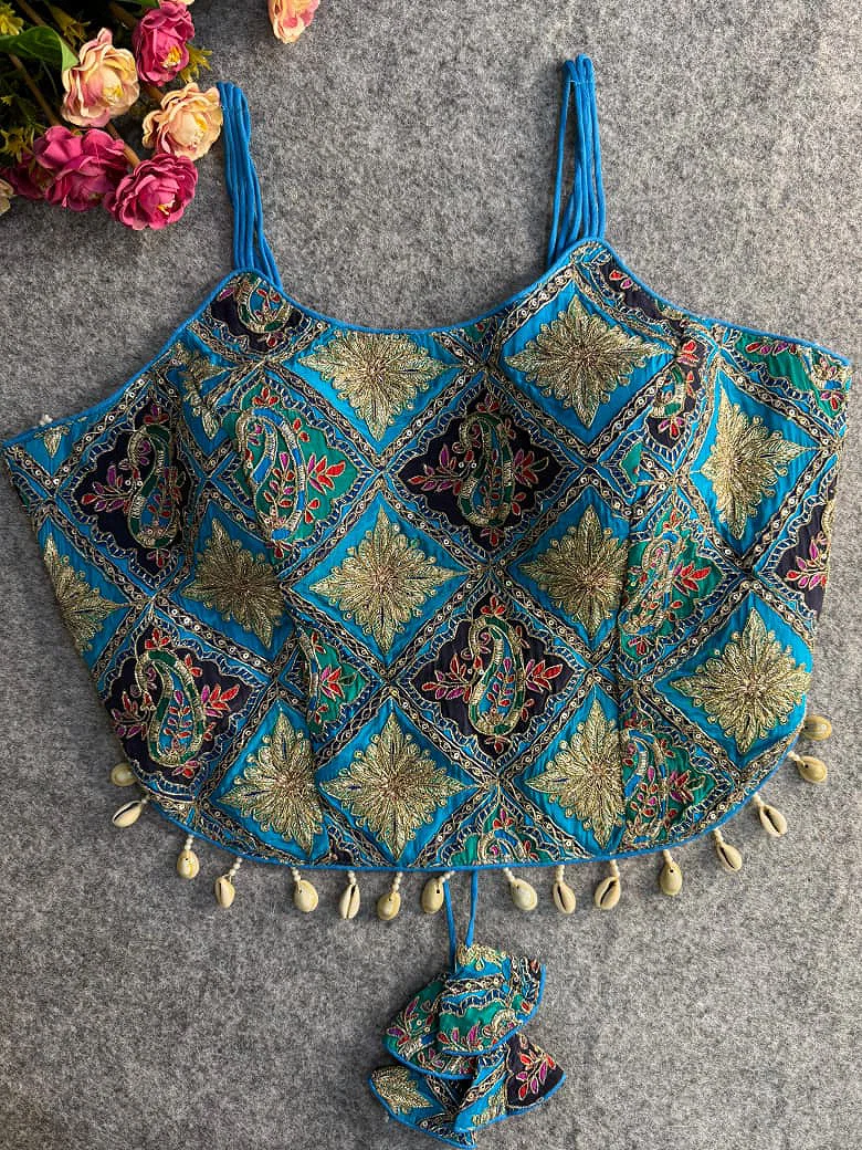 Blue Embroidered Luxe Crepe Partywear Corset Blouse — view 1