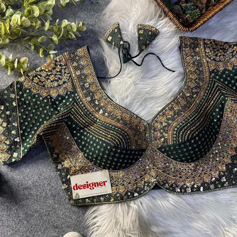 Sabyasachi inspired Green Bridal Hand Work Georgette Blouse  — view 1