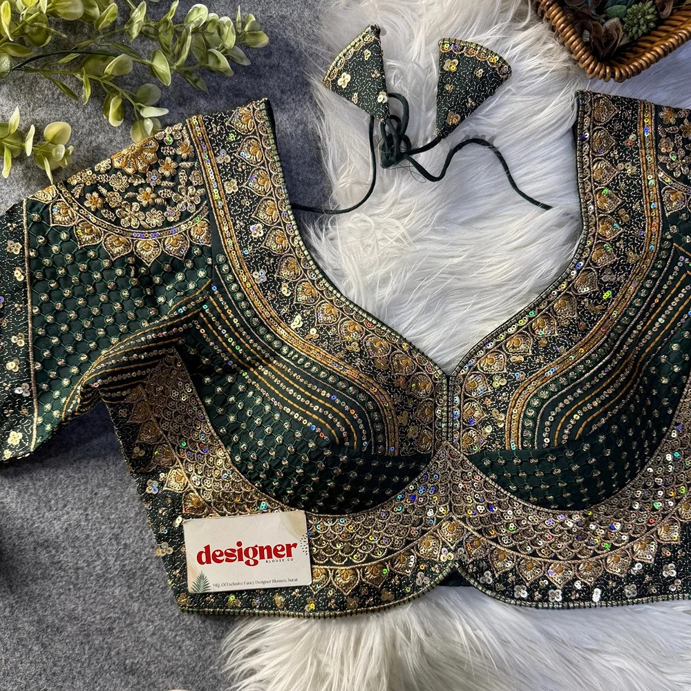Sabyasachi inspired Green Bridal Hand Work Georgette Blouse  — view 2
