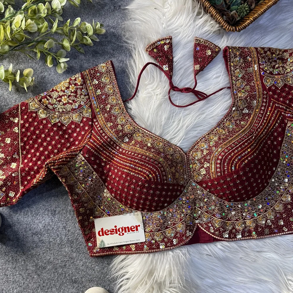 Sabyasachi inspired Maroon Bridal Hand Work Georgette Blouse  — view 2