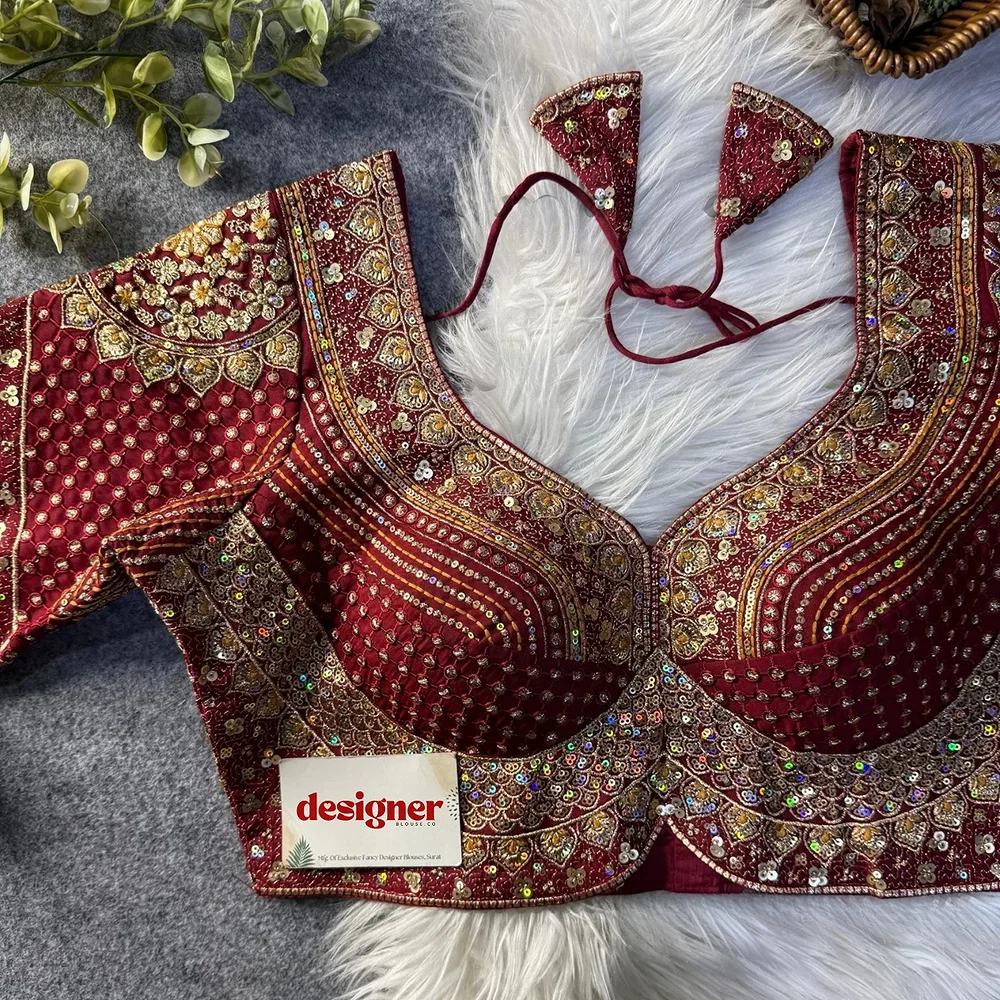 Sabyasachi inspired Maroon Bridal Hand Work Georgette Blouse  — view 1