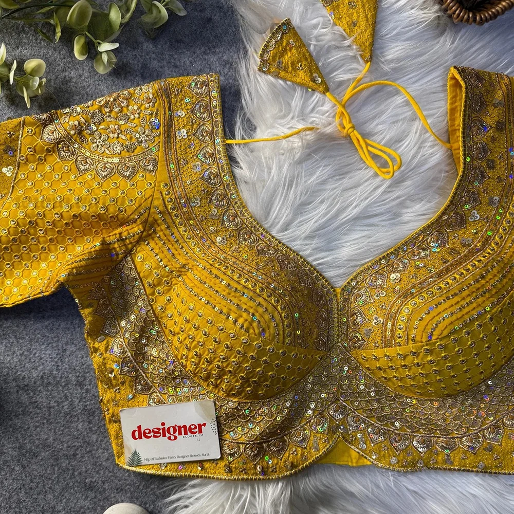 Sabyasachi inspired Yellow Bridal Hand Work Georgette Blouse  — view 1