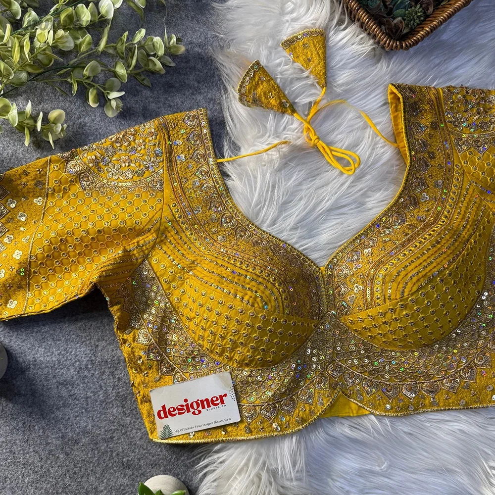 Sabyasachi inspired Yellow Bridal Hand Work Georgette Blouse  — view 2