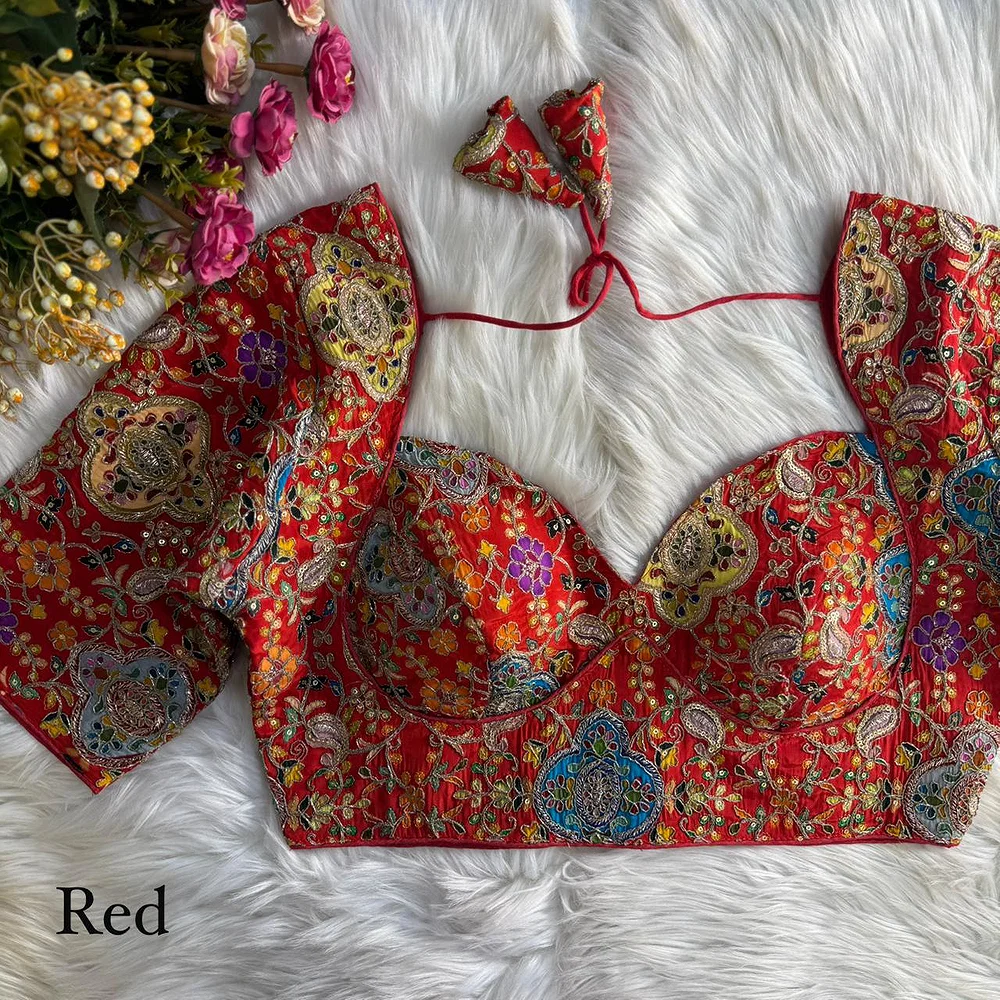 Red Kolkatta Style Position Print WIth Codding Work Partywear Blouse — view 1