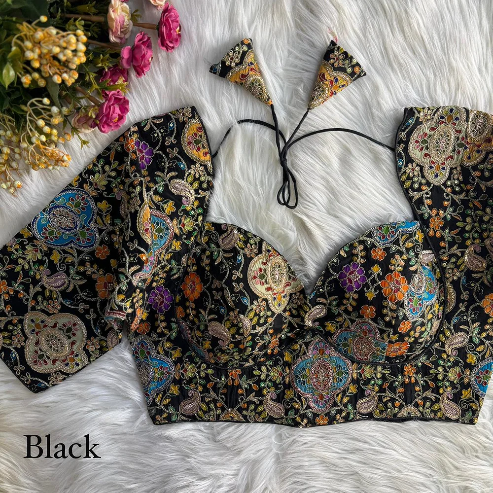 Black Kolkatta Style Position Print WIth Codding Work Partywear Blouse — view 1