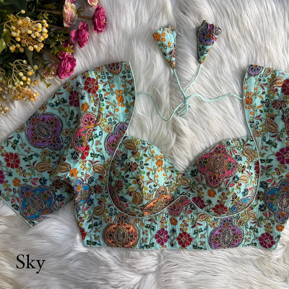 Sky Blue Kolkatta Style Position Print WIth Codding Work Partywear Blouse — view 1
