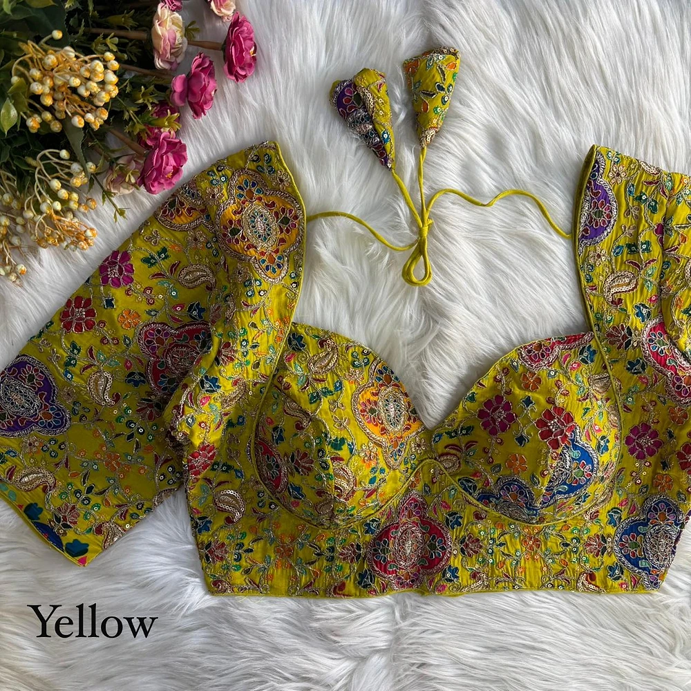 Yellow Kolkatta Style Position Print WIth Codding Work Partywear Blouse — view 1